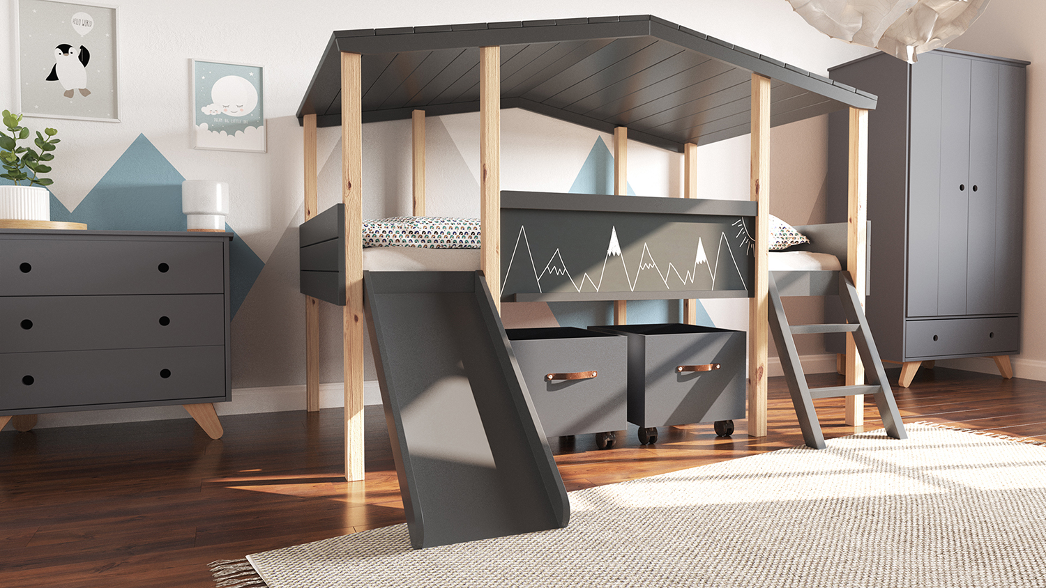 Pokój dziecięcy Cory z łóżkiem domkiem (90 x 200 cm, 7-częściowy), antracytowy